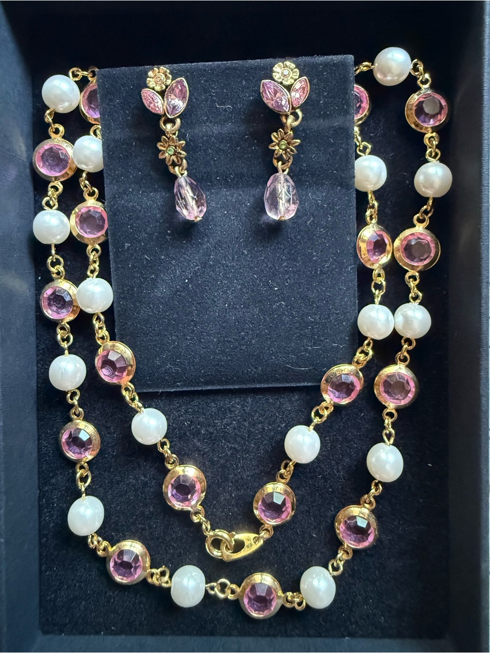 Avon Gold-Plated Pink Crystal & White Pearl Necklace and Earring Set Vintage